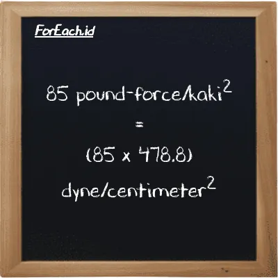 Cara konversi pound-force/kaki<sup>2</sup> ke dyne/centimeter<sup>2</sup> (lbf/ft<sup>2</sup> ke dyn/cm<sup>2</sup>): 85 pound-force/kaki<sup>2</sup> (lbf/ft<sup>2</sup>) setara dengan 85 dikalikan dengan 478.8 dyne/centimeter<sup>2</sup> (dyn/cm<sup>2</sup>)
